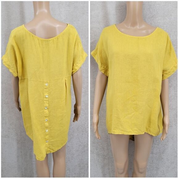 Terzo Millennio Italian Linen High Low Yellow Button-Back Blouse Lagenlook - Picture 1 of 11
